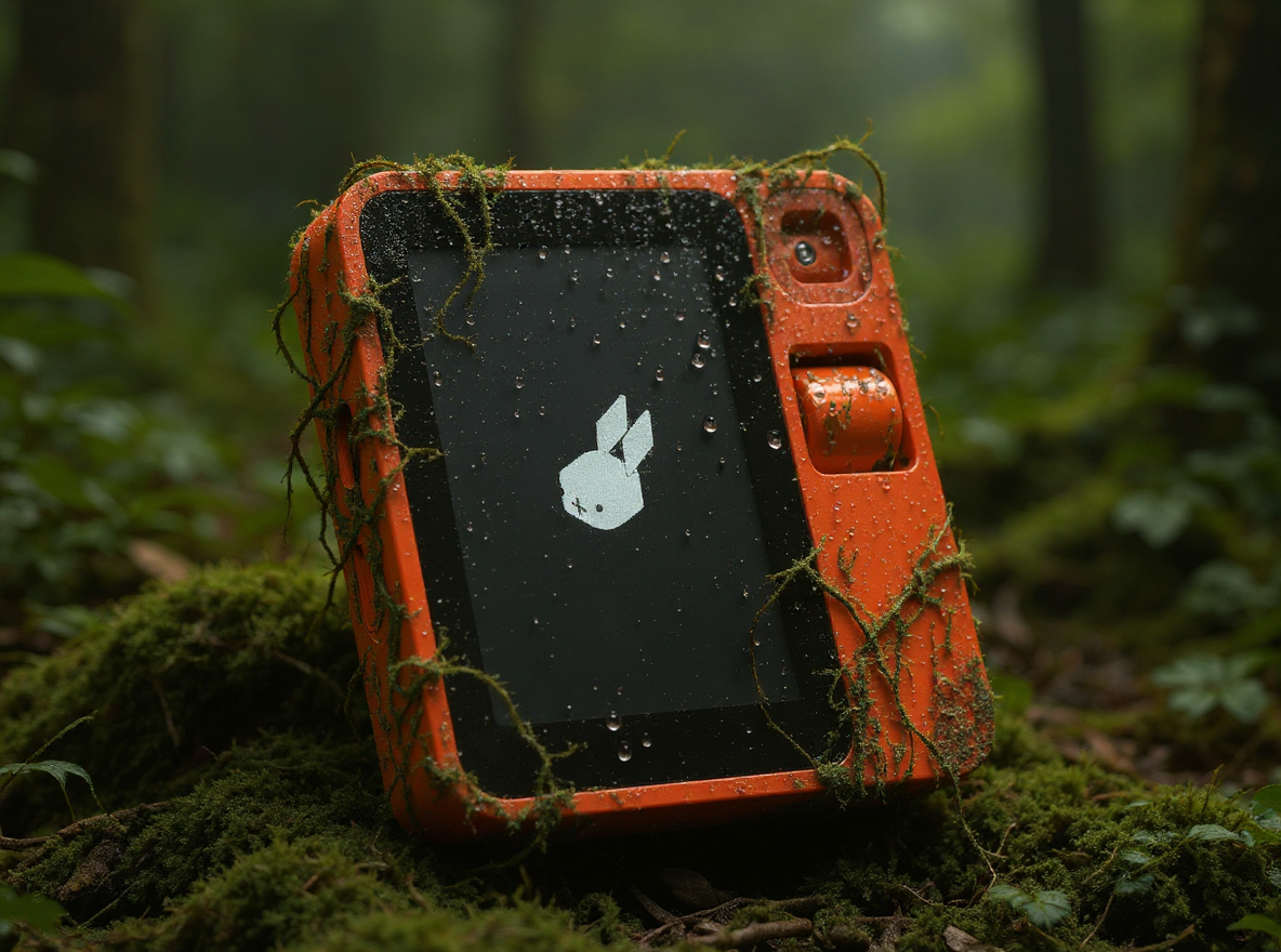 Orange handheld device photographed in a lush mossy forest, generated with Clikka